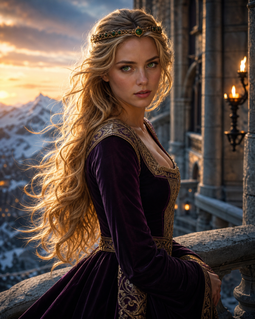 Adult Miriamele with vivid green eyes, long golden-blonde hair, slender build, and deep-plum and antique-gold royal clothing