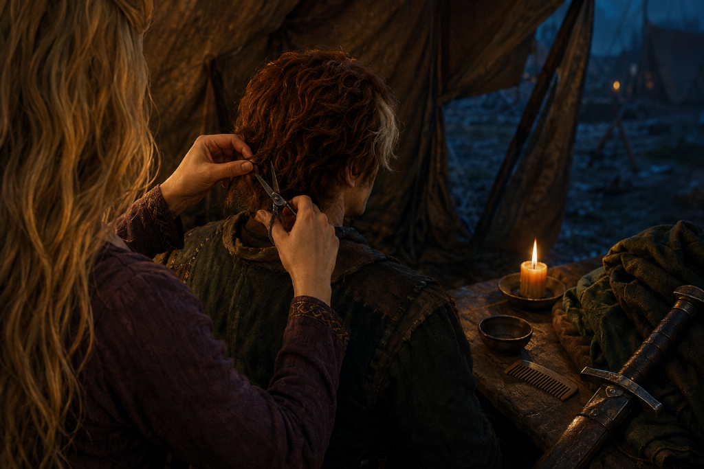Miriamele cuts Simon’s copper-red hair with iron shears, revealing the white Snowlock streak in a lamplit shelter
