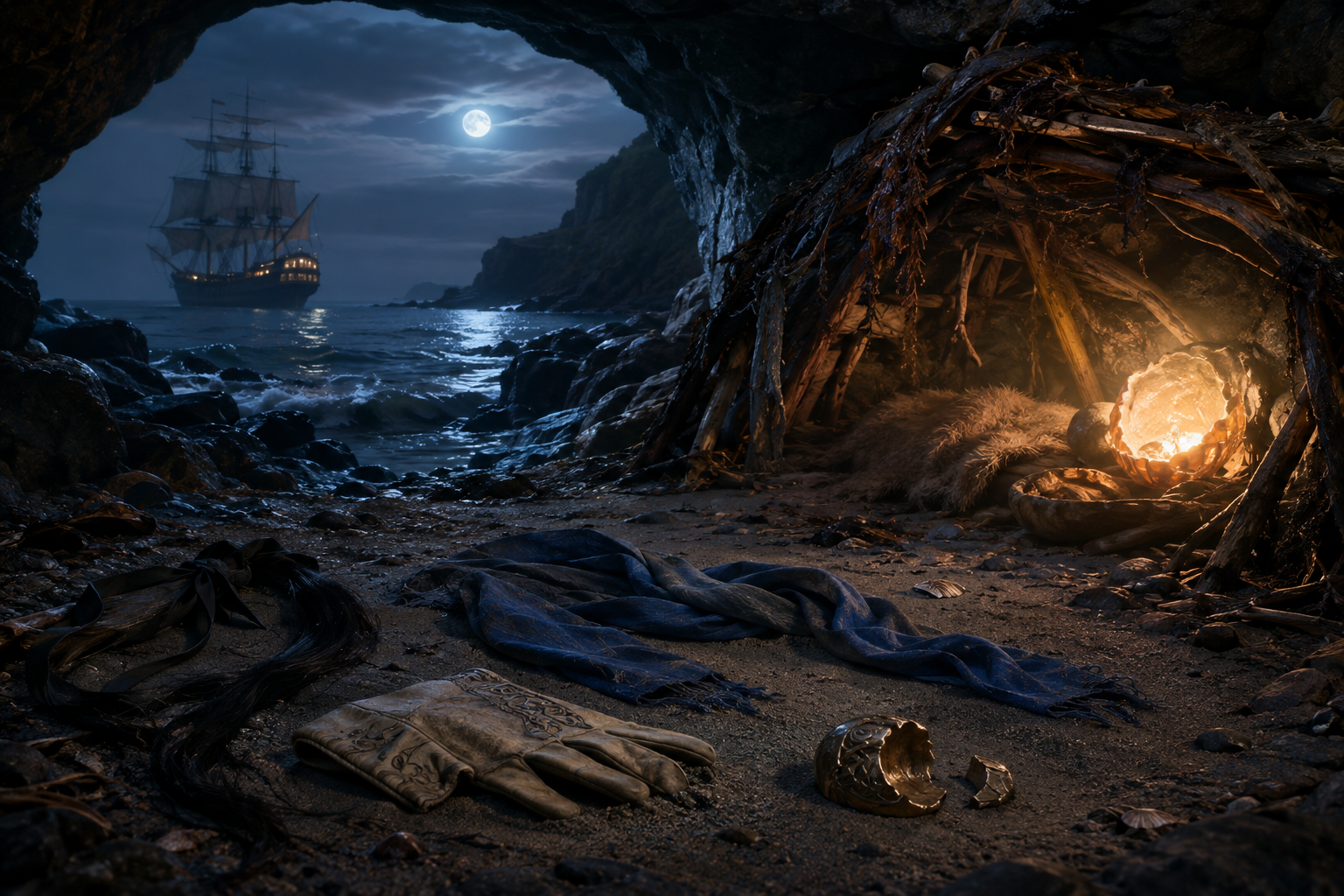 Discarded identities outside a sea-cave shelter while a luxurious ship waits offshore
