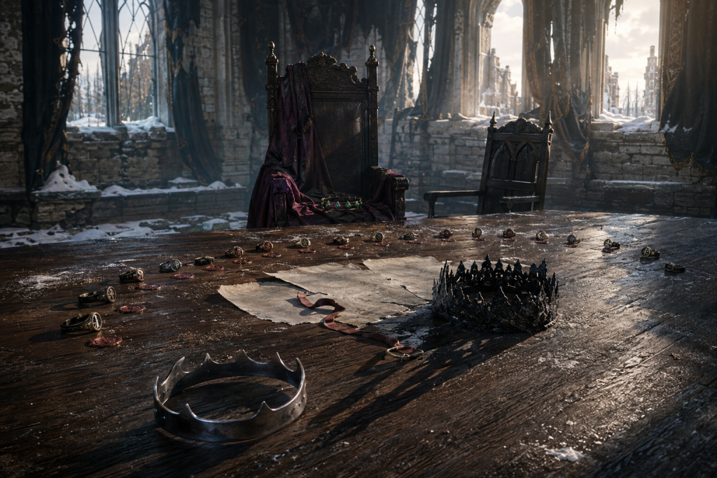 An empty queen chair with a plum cloak and green circlet facing signet rings, blank rumor sheets, and a blackened crown