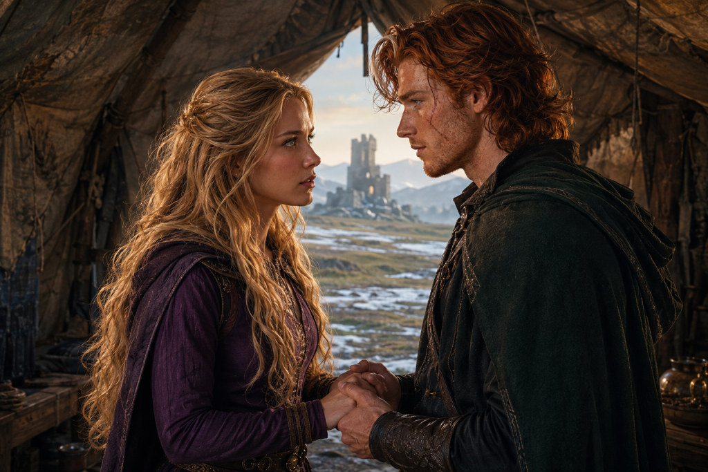 Miriamele holds Simon’s hands and looks into his eyes inside a dawn-lit tent with the fallen tower beyond