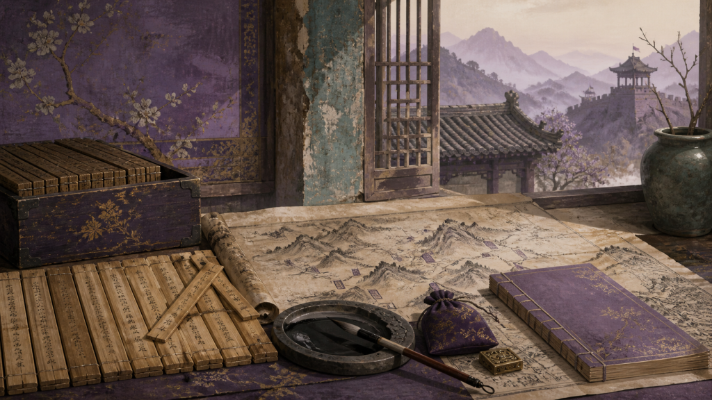 Bamboo slips, inkstone, brush, frontier map, and distant mountain watchtowers arranged in a historical archive