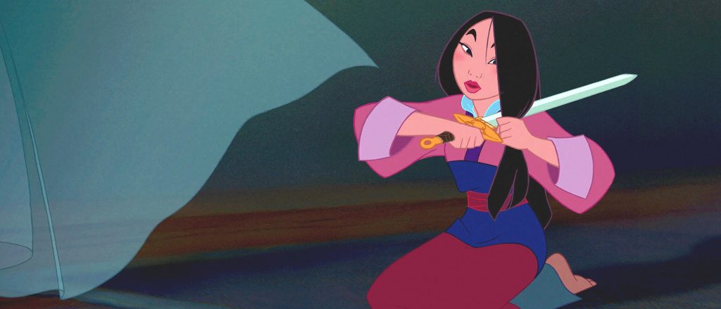 Mulan cuts her hair with her father’s sword before joining the army