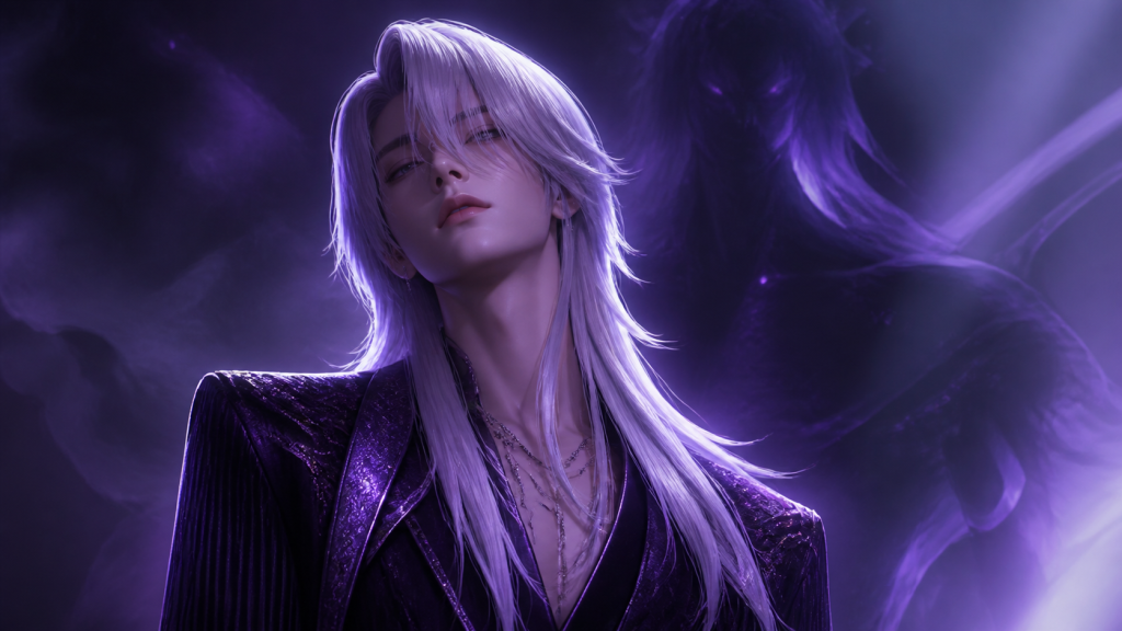 Original CVM Sekai fan art of Mystery beneath silver-violet stage light with a demon silhouette behind him