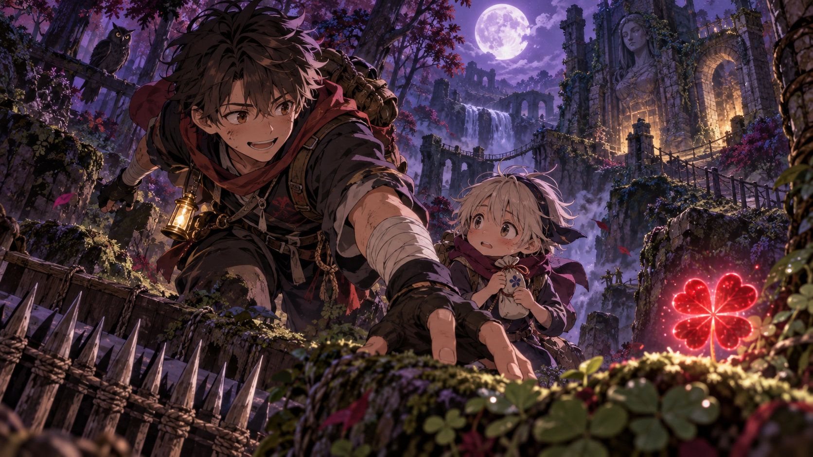 Original older boy helps a young aspiring ninja-like child cross a moonlit forest ruin toward a glowing crimson four-leaf clover connected to a friend’s departure.