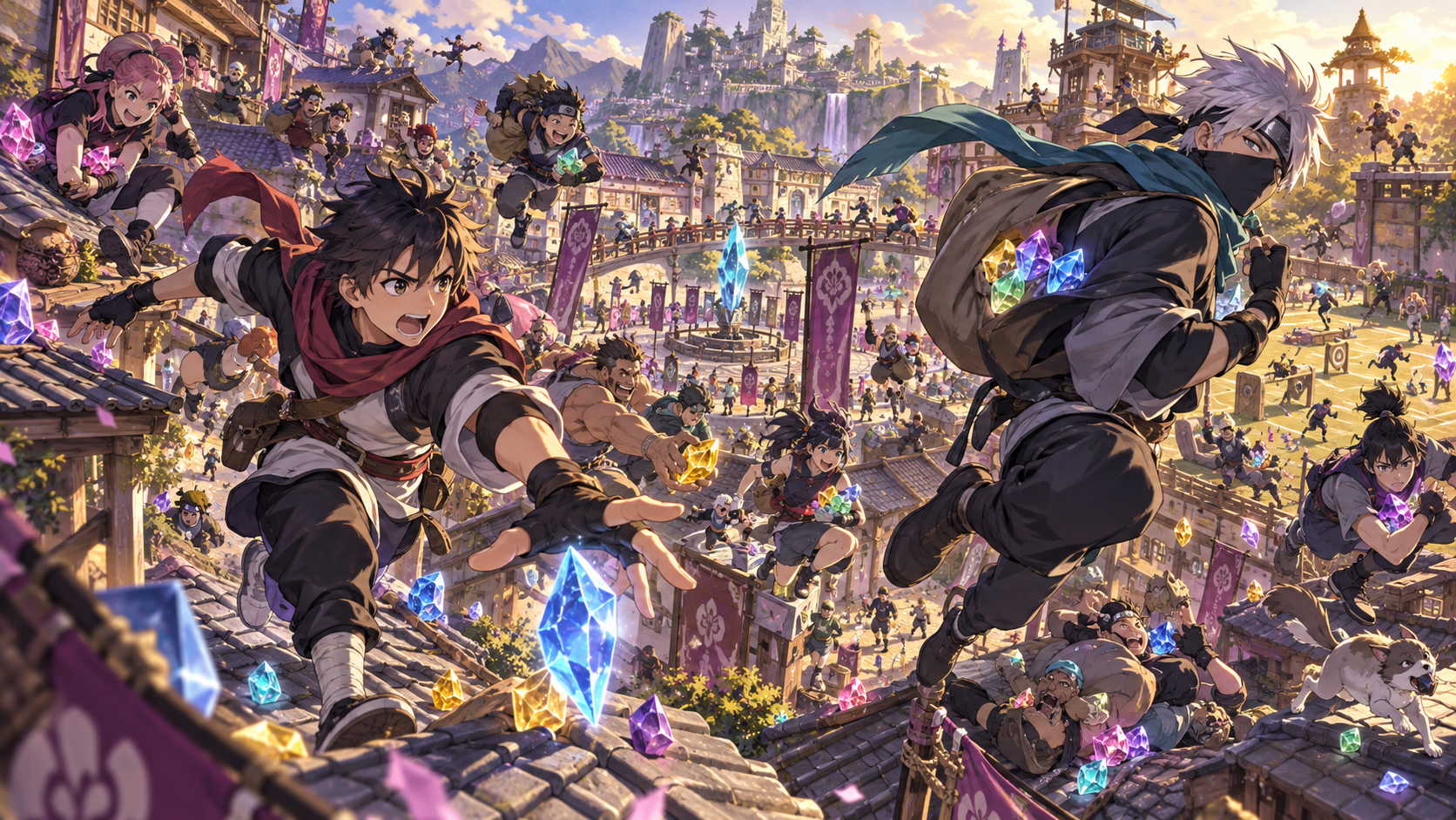 Original village-wide tournament shows younger ninja-like students and experienced mentors racing across rooftops for glowing crystals while one competitor pursues his masked teacher.