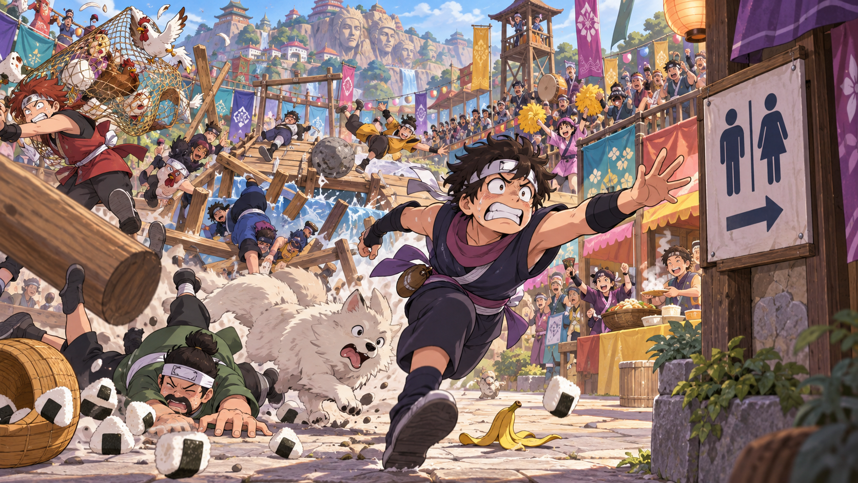 Original desperate young ninja-like runner races through an obstacle-filled village sports festival toward a restroom while competitors, animals, and equipment block the route.