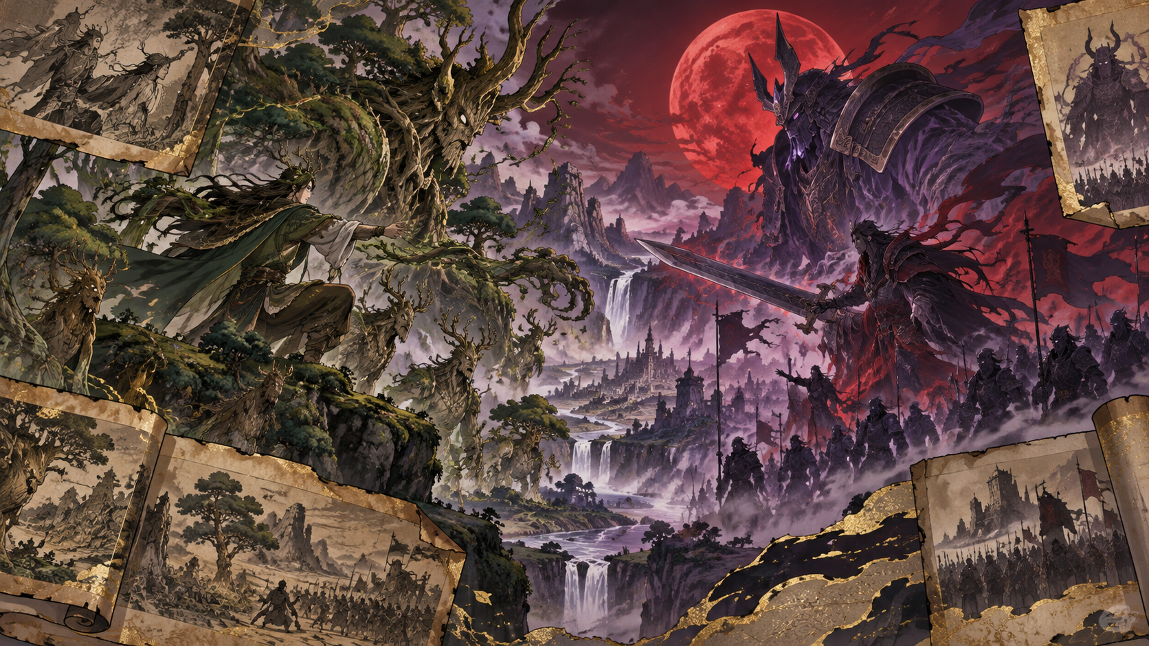 Original legendary rival founders clash across a valley through immense living forest and spectral armored power, framed by incomplete historical scroll fragments.