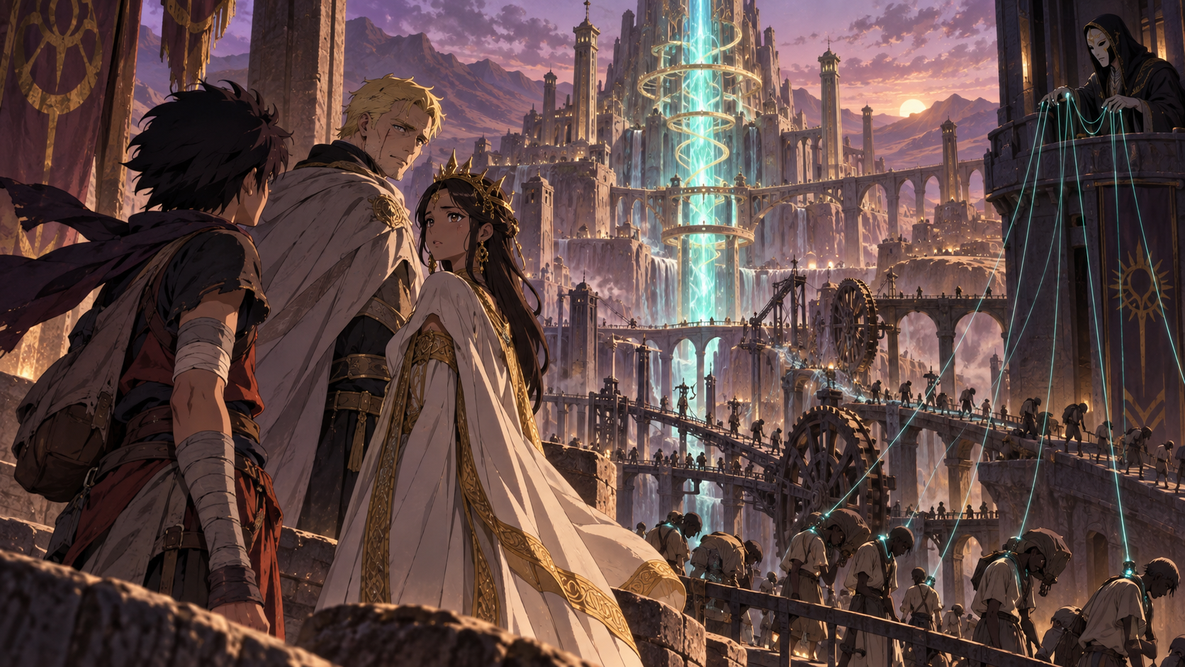 Original young queen and time-displaced ninja-like traveler stand beside a familiar blond commander above Loran’s controlled workers and glowing energy tower.