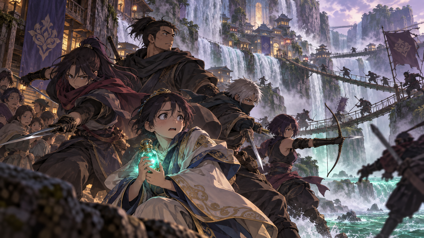 Original frightened village leader holds glowing Hero Water while four early ninja-like protectors defend a waterfall village from rogue attackers.