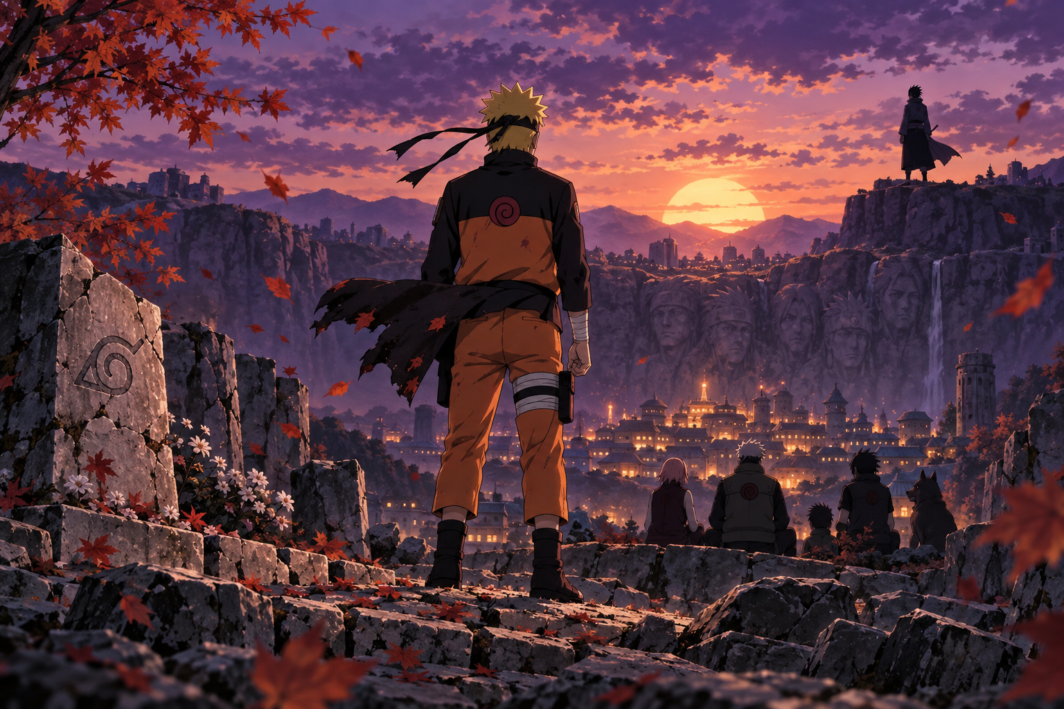 Naruto Shippuden editorial artwork with Naruto returning to Konoha at violet sunset while Sasuke watches from a distant ridge