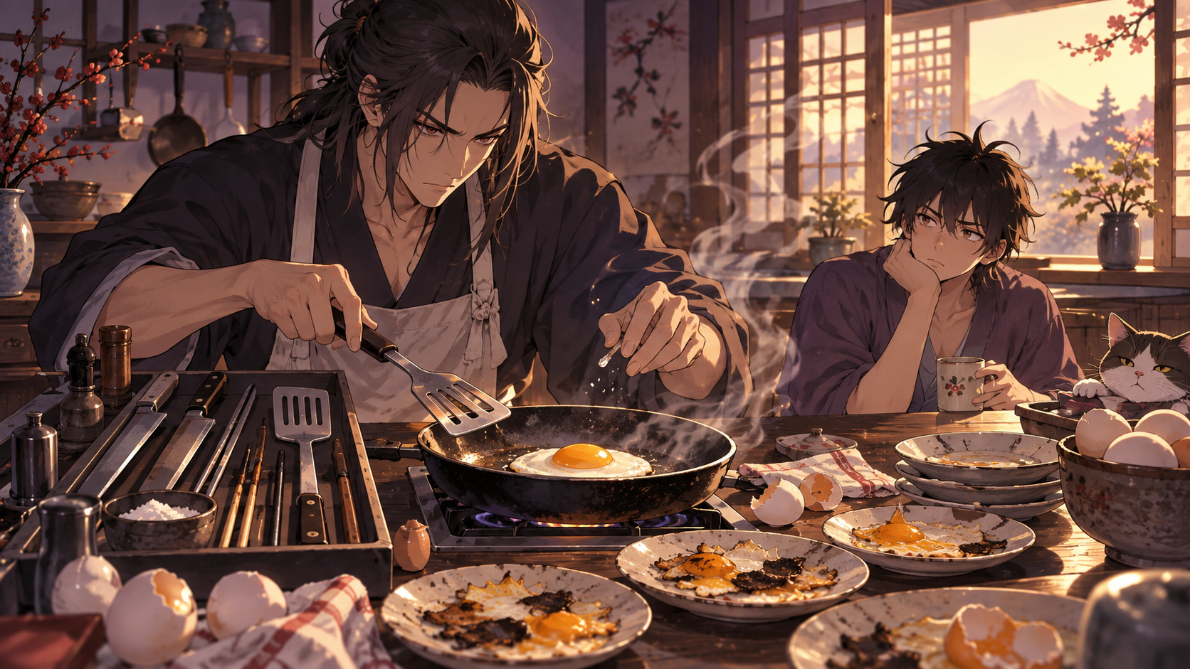 Original intensely focused older brother cooks a sunny-side-up egg like an elite mission while his skeptical younger brother waits in a warm morning kitchen.