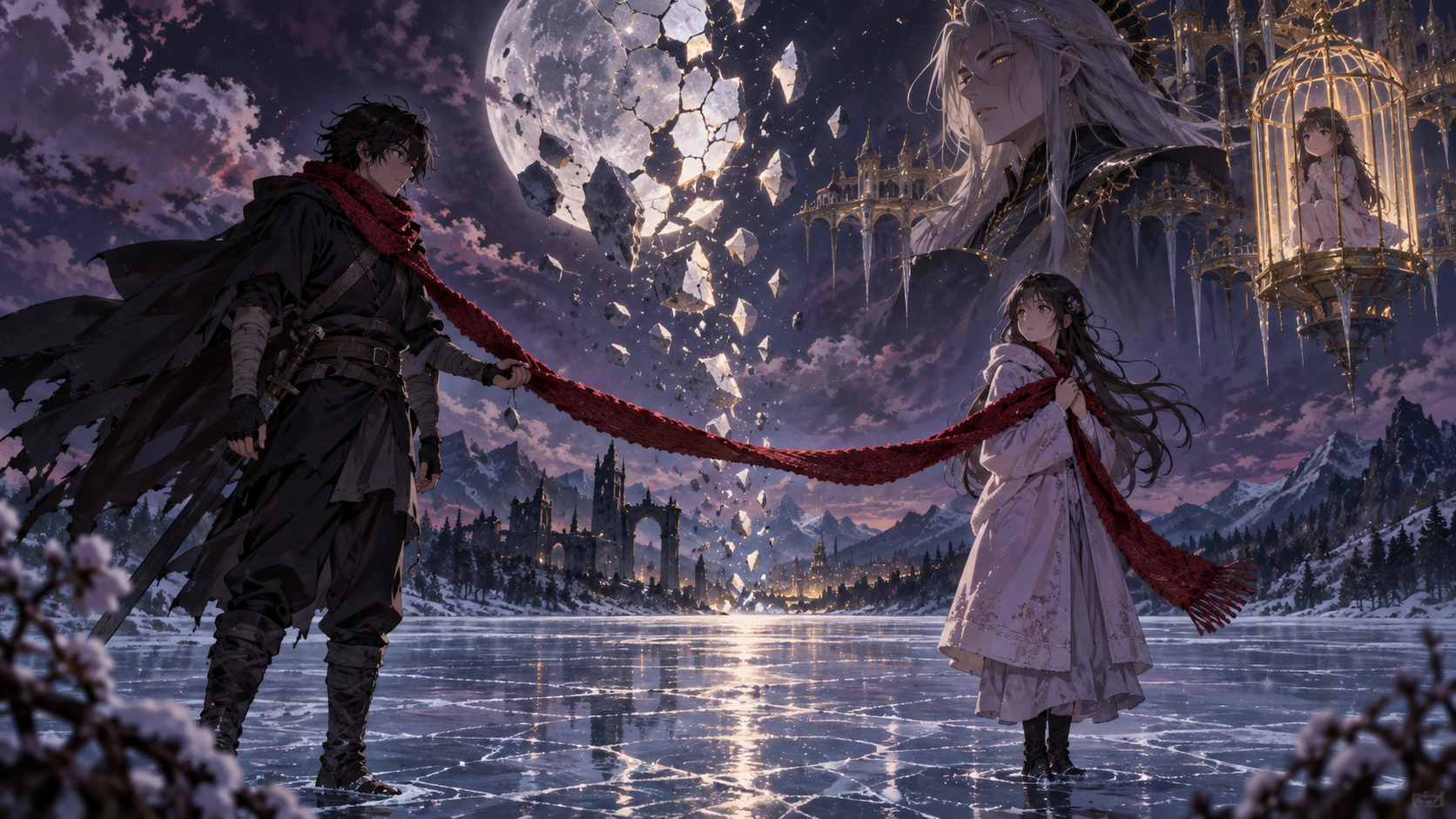 Original young ninja-like hero and reserved woman are connected by a crimson scarf on a frozen lake beneath a breaking moon and distant celestial palace.
