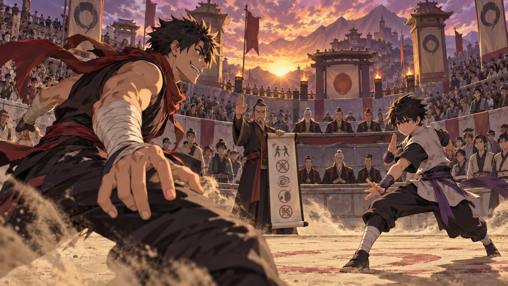 Original celebrated ninja-like fighter faces a determined younger rival in a formal promotion arena while officials display the exam’s restricted-technique rules.
