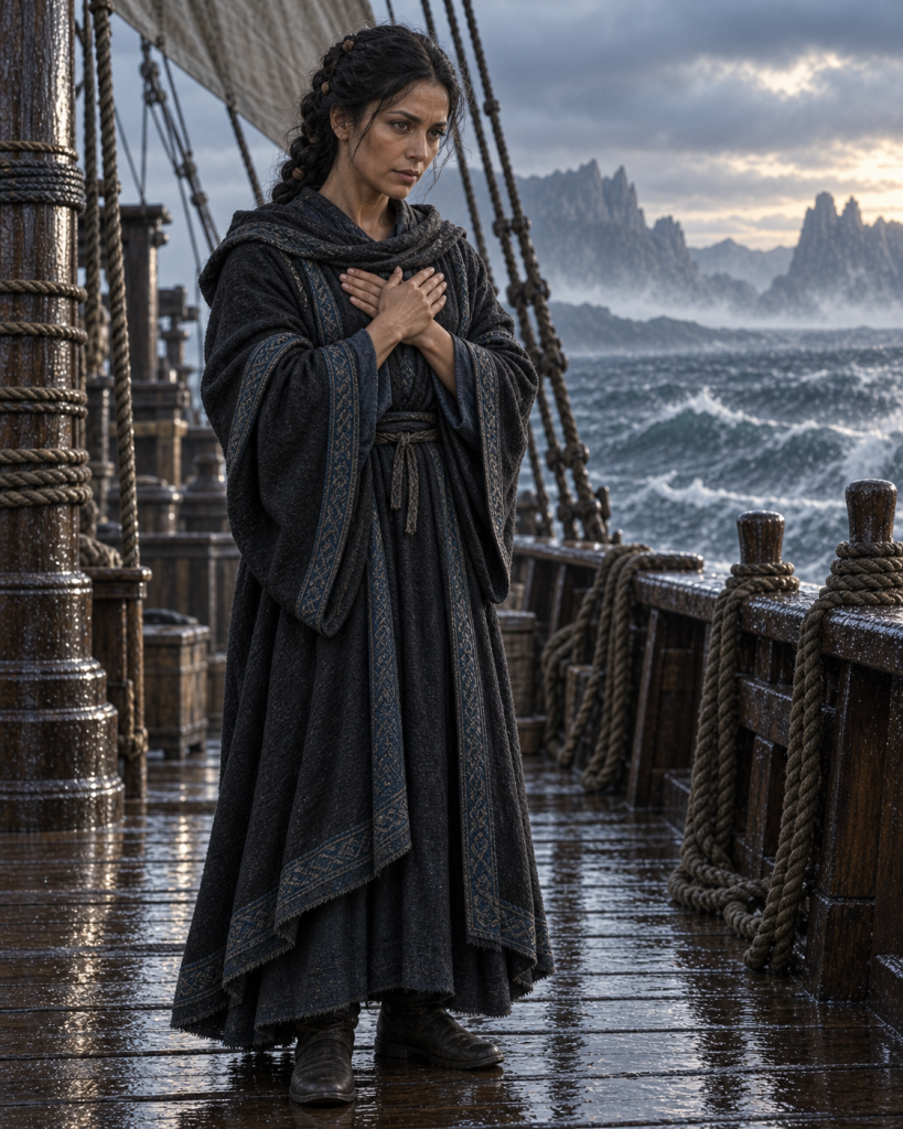 Nin Reisu, a small dark-robed Niskie seawatcher, bowing aboard Emettin’s Jewel