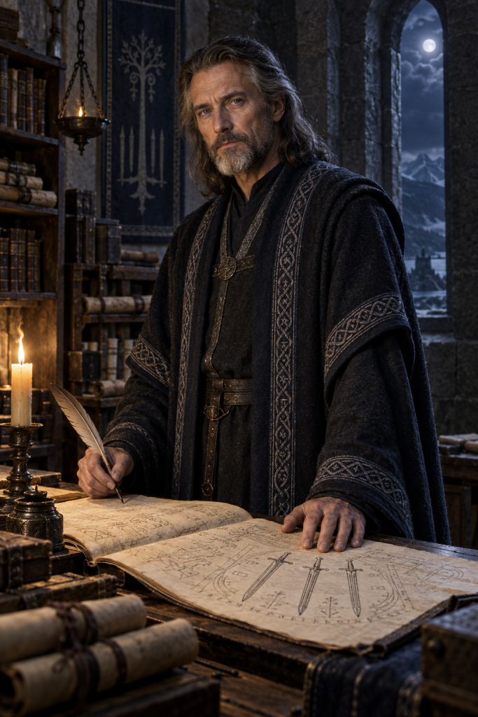 Nisses writing beside an open manuscript of the Three Great Swords in Hjeldin's tower