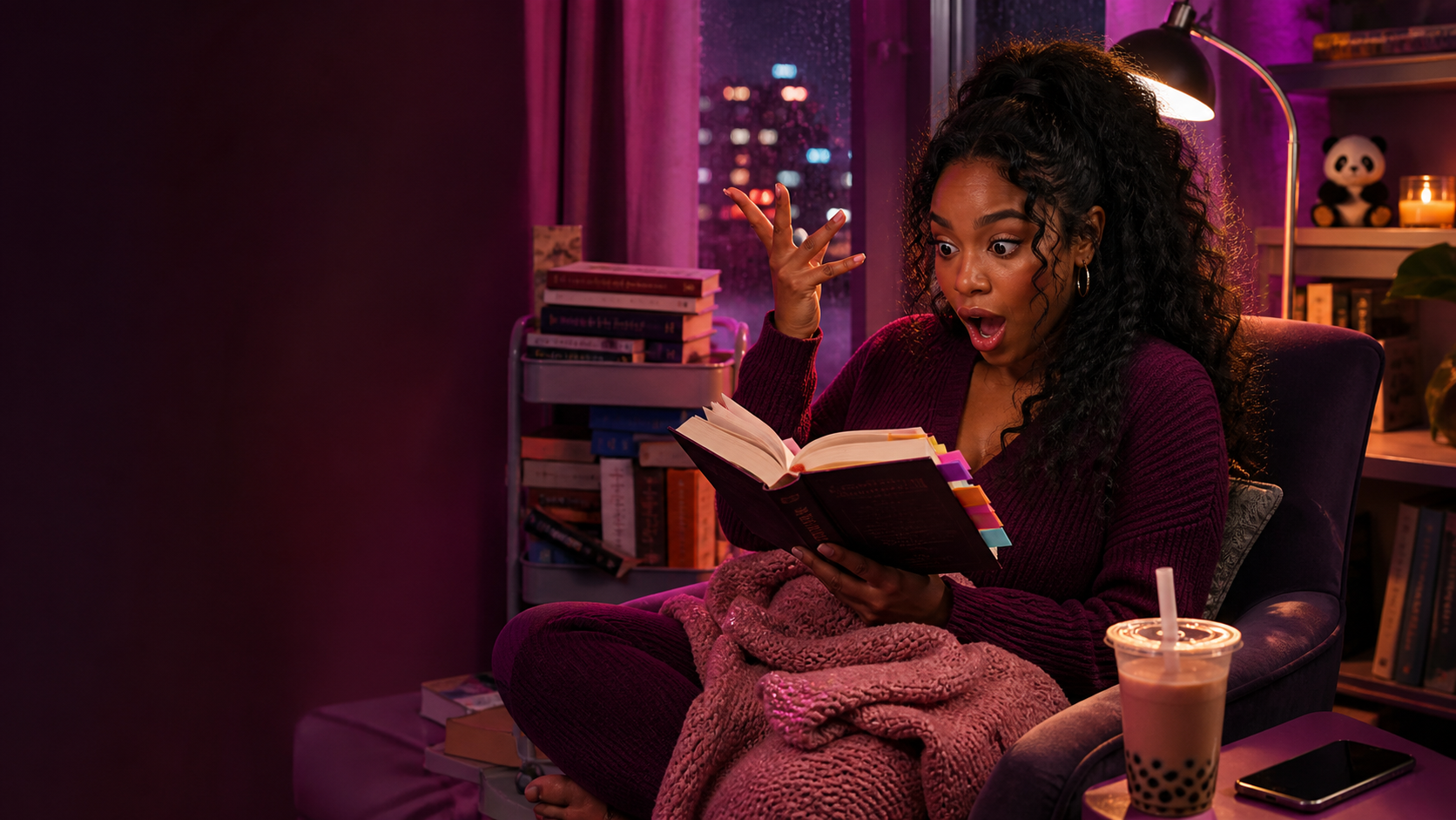 RaeRae freezes mid-reaction over a tabbed novel in a vivid magenta late-night reading nook
