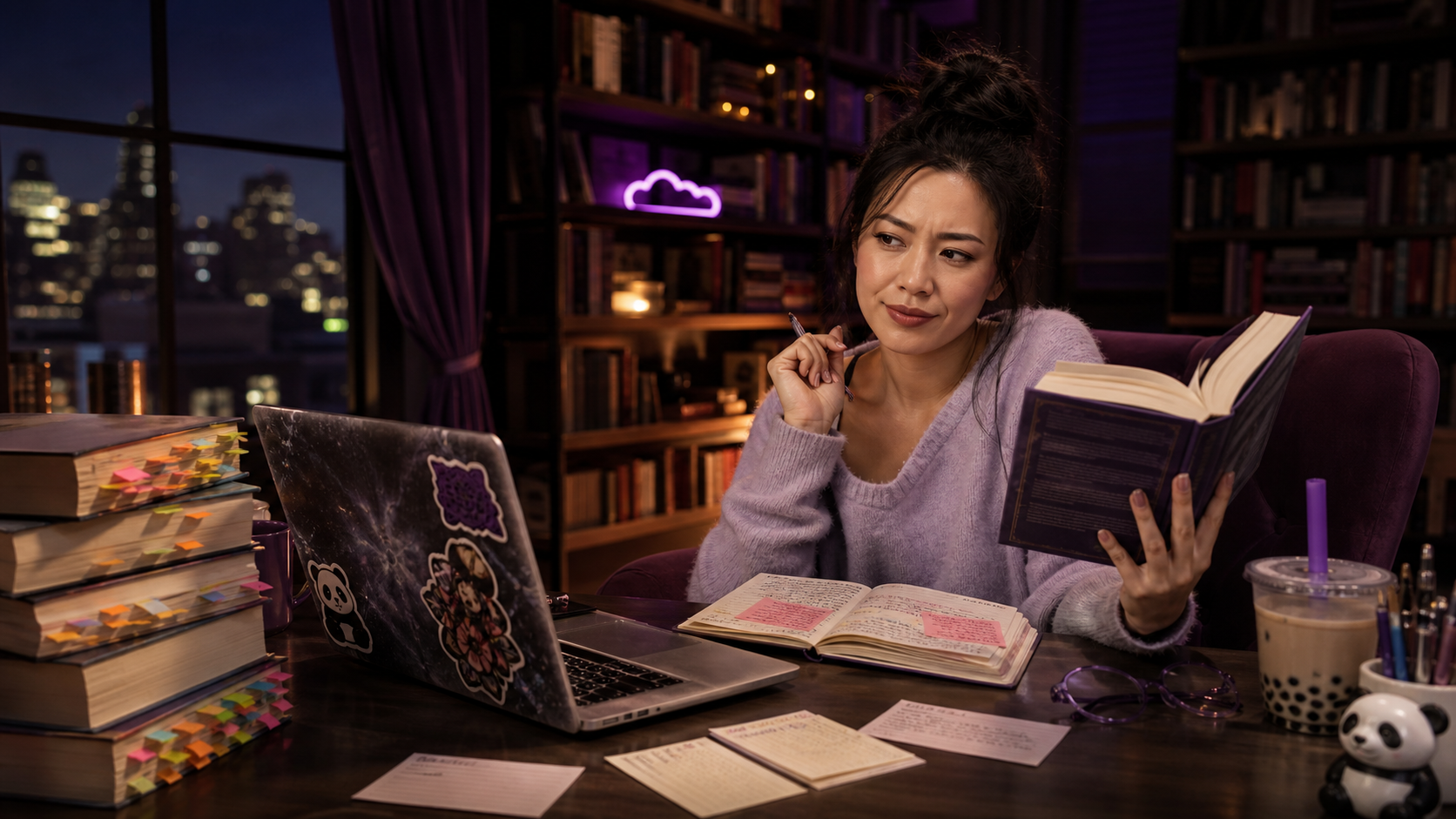 RaeRae reviews a finished, heavily tabbed novel at a purple-lit library desk with boba and a panda figurine
