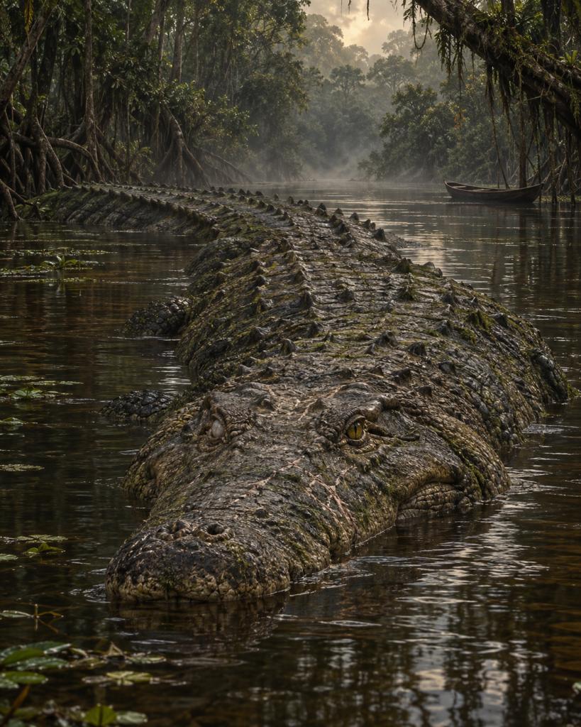 Old Sekob, an immense scarred ancient crocodile, surfaces in the broad dark channels of the Wran