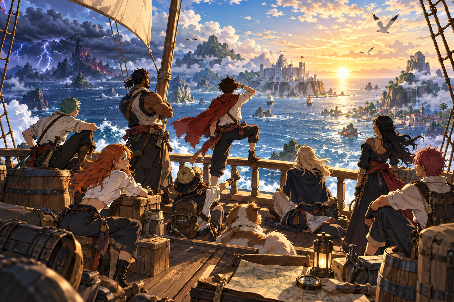 An original pirate crew faces islands, storms, government fortresses, and sunrise from a wooden sailing ship in artwork for CVM Sekai’s One Piece complete TV anime review.