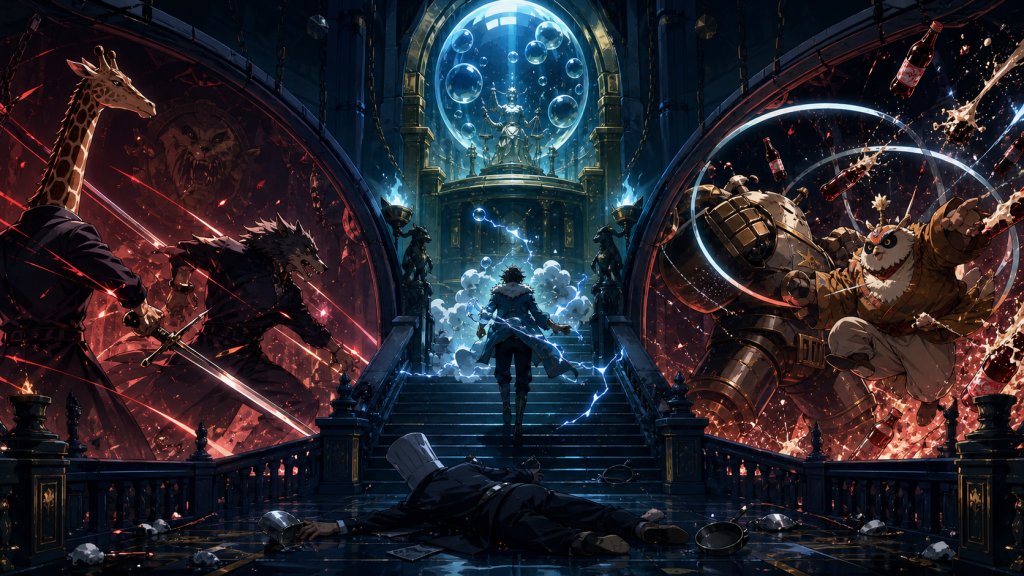 Three judicial tower battle corridors show giraffe and wolf shadows, a bubble chamber, and a cola-powered cyborg clash