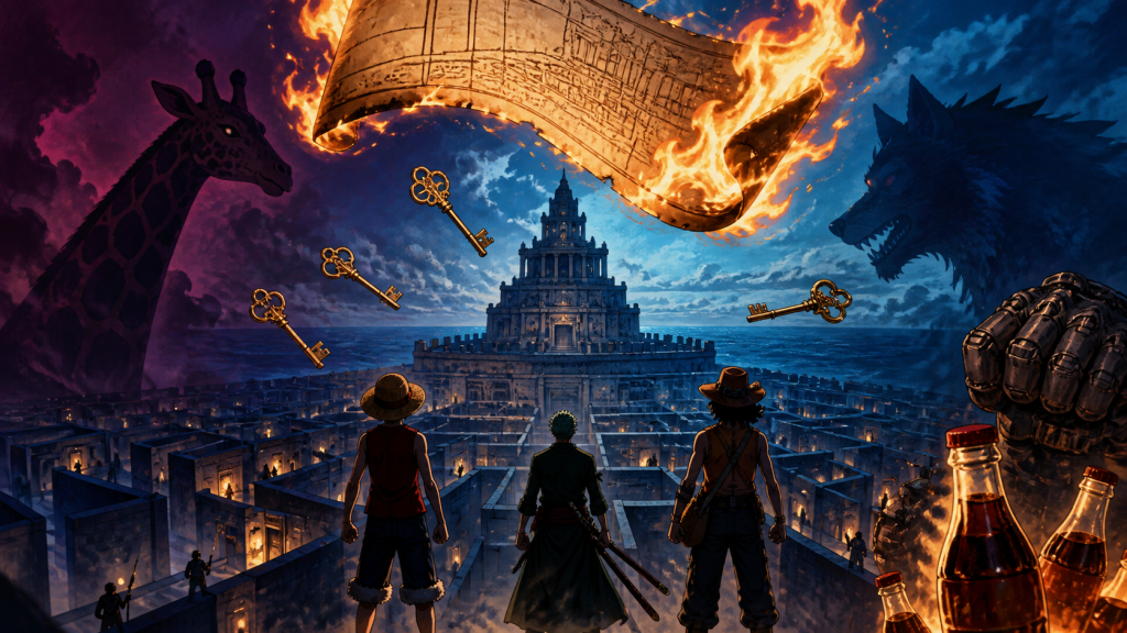 A burning ancient warship blueprint hangs over five keys and a maze leading into a judicial tower