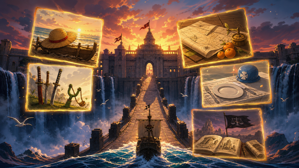 Five glowing crew-memory panels surround a pirate ship approaching a waterfall fortress
