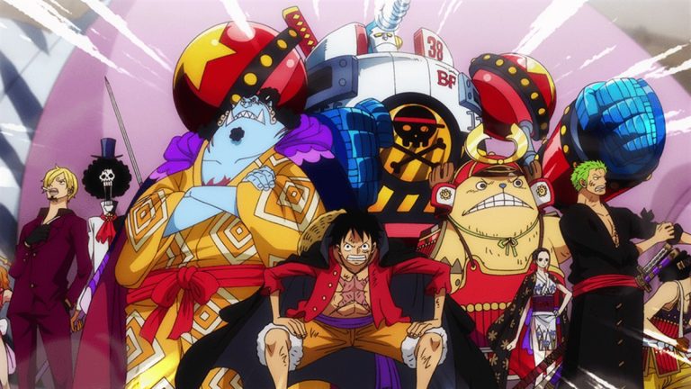 Official One Piece Episode 1000 story scene from Inuarashi, Nekomamushi, the Minks, Jack, Shinobu, Momonosuke, Sanji, King, Queen, Nami, Zeus, Franky, Brook, Robin, Jinbe, Yamato, the Straw Hats, X Drake, Hawkins, Who’s-Who, and Luffy