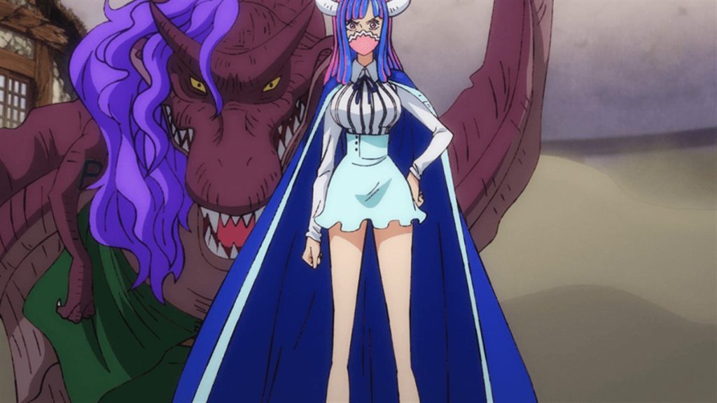 Official One Piece Episode 1002 story scene from X Drake, Zoro, Luffy, Sanji, Jinbe, Queen, Apoo, Inuarashi, Nekomamushi, Jack, the Scabbards, Kaido, Raizo, Kiku, Chopper, Yamato, Shinobu, Momonosuke, Sasaki, and Omasa