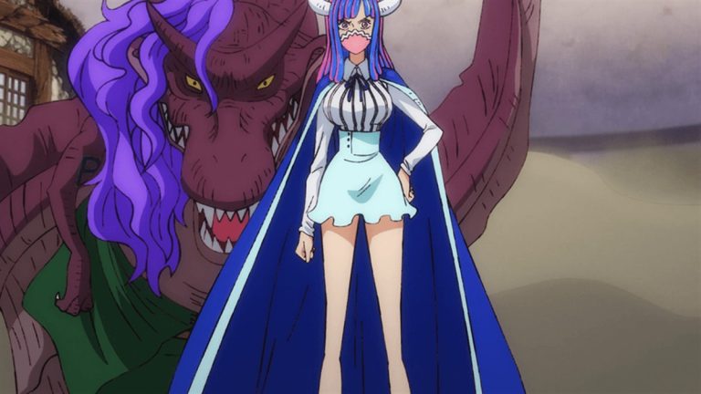 Official One Piece Episode 1002 story scene from X Drake, Zoro, Luffy, Sanji, Jinbe, Queen, Apoo, Inuarashi, Nekomamushi, Jack, the Scabbards, Kaido, Raizo, Kiku, Chopper, Yamato, Shinobu, Momonosuke, Sasaki, and Omasa