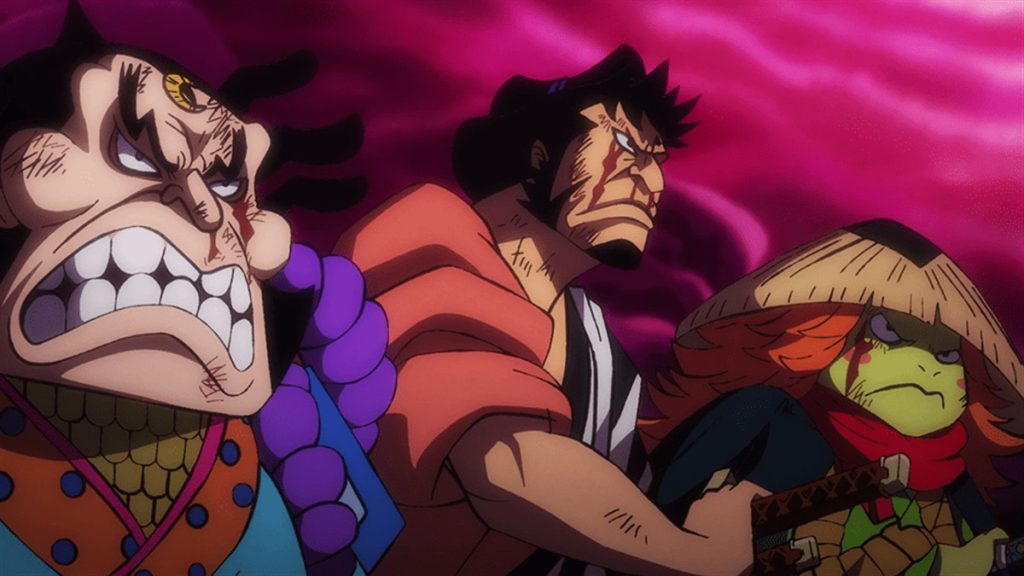 Official One Piece Episode 1003 story scene from X Drake, Zoro, Luffy, Sanji, Jinbe, Queen, Apoo, Inuarashi, Nekomamushi, Jack, the Scabbards, Kaido, Raizo, Kiku, Chopper, Yamato, Shinobu, Momonosuke, Sasaki, and Omasa
