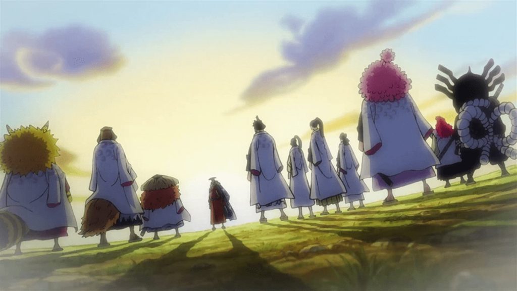 Official One Piece Episode 1004 story scene from X Drake, Zoro, Luffy, Sanji, Jinbe, Queen, Apoo, Inuarashi, Nekomamushi, Jack, the Scabbards, Kaido, Raizo, Kiku, Chopper, Yamato, Shinobu, Momonosuke, Sasaki, and Omasa