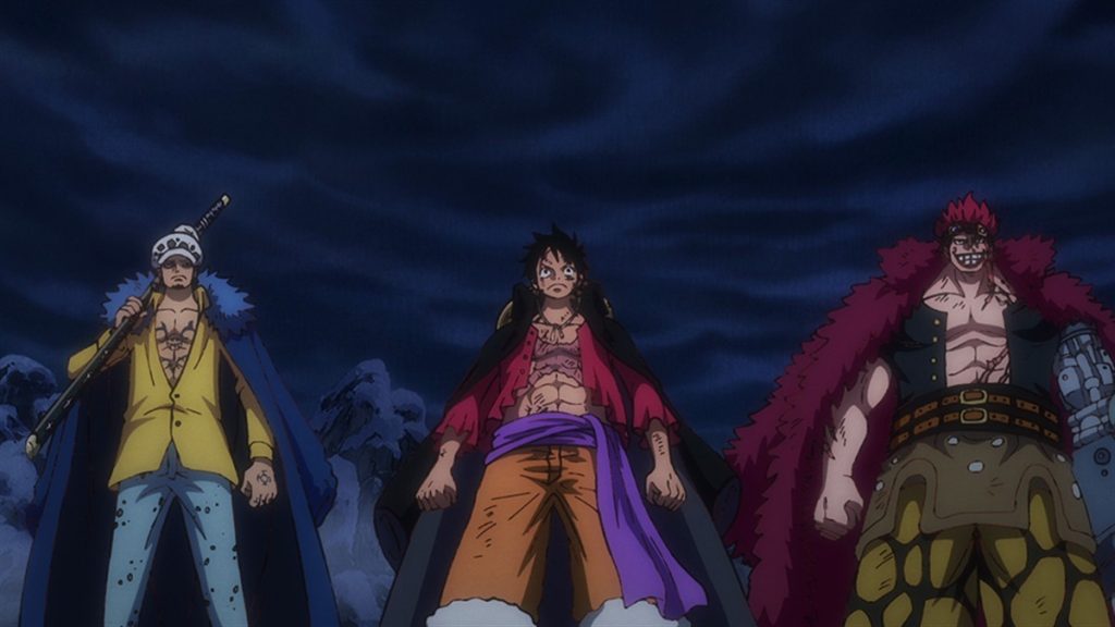 Official One Piece Episode 1016 story scene from Marco, Chopper, X Drake, Zoro, Robin, Brook, Jinbe, Who’s-Who, Ace, Yamato, Momonosuke, Tama, Whitebeard, Izo, Luffy, Kinemon, Law, Kid, Killer, Kaido, Big Mom, Sanji, and Black Maria