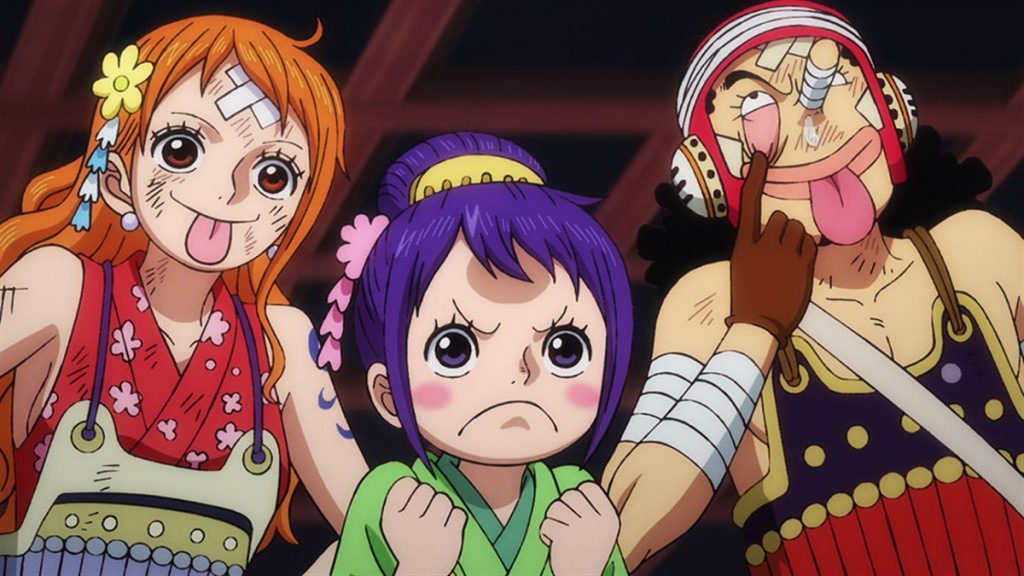 Official One Piece Episode 1019 story scene from Luffy, Zoro, Law, Kid, Killer, Kaido, Big Mom, CP0, Tama, Speed, Gazelleman, Daifugo, Chopper, Marco, Franky, Sasaki, Sanji, Robin, Brook, Black Maria, Carrot, Perospero, Yamato, Momonosuke, Shinobu, Jack, and the Scabbards
