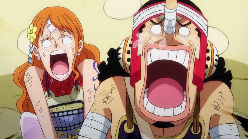 Official One Piece Episode 1031 story scene from Zoro, Law, Luffy, Kaido, Big Mom, Hera, Zeus, Kid, Killer, Hawkins, Uta, Shanks, Benn Beckman, Nami, Usopp, Tama, Komachiyo, Page One, Yamato, Momonosuke, Oden, and the Red Hair Pirates