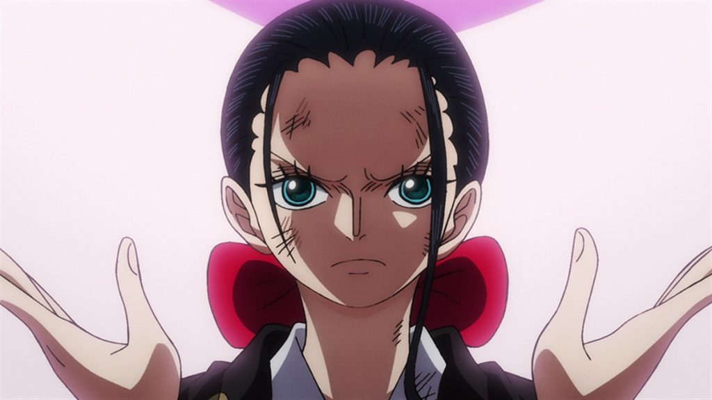 Official One Piece Episode 1043 story scene from Robin, Brook, Black Maria, Olvia, Clover, Saul, Yorki, Laboon, Franky, Sasaki, Luffy, Momonosuke, Shinobu, Koala, Sabo, Caribou, Raizo, Fukurokuju, Killer, Hawkins, Kid, Sanji, King, Queen, Marco, Chopper, Zoro, Miyagi, Tristan, Hyogoro, Kawamatsu, Ushimaru, and Ryuma