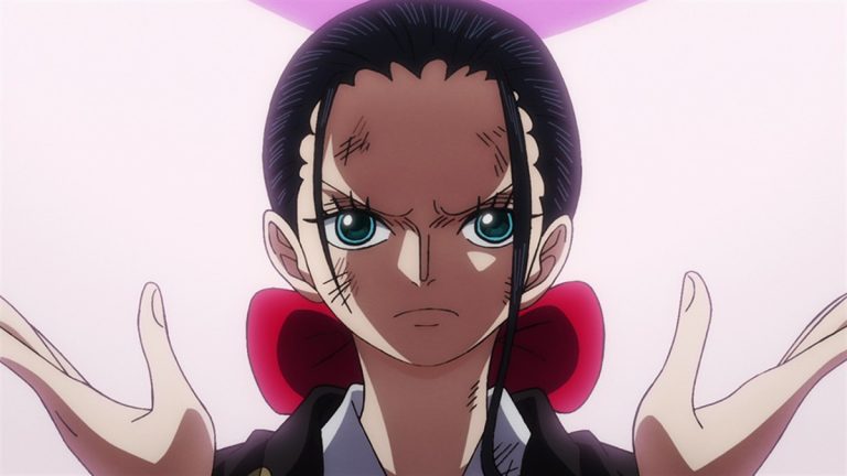 Official One Piece Episode 1043 story scene from Robin, Brook, Black Maria, Olvia, Clover, Saul, Yorki, Laboon, Franky, Sasaki, Luffy, Momonosuke, Shinobu, Koala, Sabo, Caribou, Raizo, Fukurokuju, Killer, Hawkins, Kid, Sanji, King, Queen, Marco, Chopper, Zoro, Miyagi, Tristan, Hyogoro, Kawamatsu, Ushimaru, and Ryuma