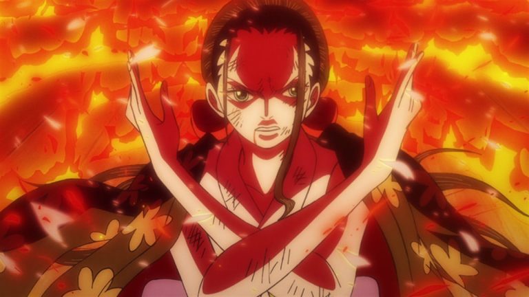 Official One Piece Episode 1044 story scene from Robin, Brook, Black Maria, Olvia, Clover, Saul, Yorki, Laboon, Franky, Sasaki, Luffy, Momonosuke, Shinobu, Koala, Sabo, Caribou, Raizo, Fukurokuju, Killer, Hawkins, Kid, Sanji, King, Queen, Marco, Chopper, Zoro, Miyagi, Tristan, Hyogoro, Kawamatsu, Ushimaru, and Ryuma