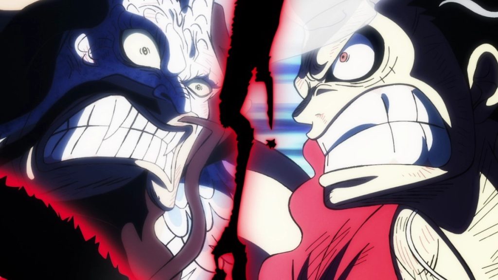 Official One Piece Episode 1069 story scene from Law, Kid, Big Mom, Luffy, Kaido, CP0, Momonosuke, Yamato, Nami, Zunesha, the Five Elders, Nika, Gear Five, and Wano