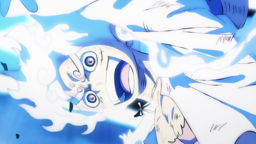 Official One Piece Episode 1074 story scene from Luffy, Kaido, Gear Five, Raizo, Jinbe, Momonosuke, Yamato, Toki, Hiyori, Denjiro, Orochi, Usopp, the Straw Hats, the Akazaya Nine, King, Rocks, Whitebeard, Higurashi, and Wano