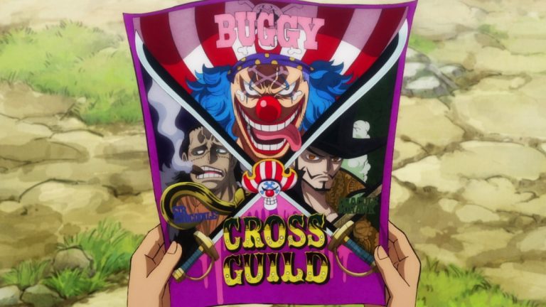 Official One Piece Episode 1083 story scene from Luffy, Momonosuke, Yamato, Shanks, Ryokugyu, Robin, Law, Kid, Sukiyaki, Carrot, Inuarashi, Nekomamushi, Tama, Zoro, Sanji, Usopp, Franky, Hiyori, Kinemon, Buggy, Crocodile, Mihawk, the Straw Hats, Cross Guild, and Wano