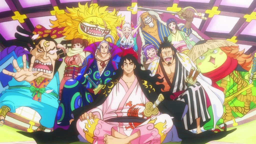 Official One Piece Episode 1085 story scene from Luffy, Momonosuke, Yamato, Shanks, Ryokugyu, Robin, Law, Kid, Sukiyaki, Carrot, Inuarashi, Nekomamushi, Tama, Zoro, Sanji, Usopp, Franky, Hiyori, Kinemon, Buggy, Crocodile, Mihawk, the Straw Hats, Cross Guild, and Wano