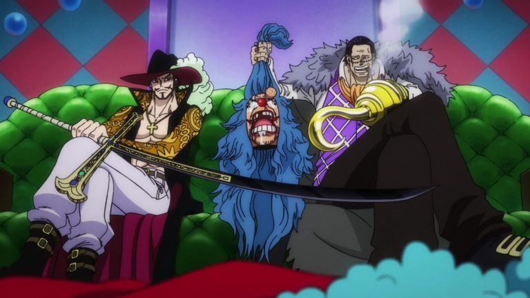 Official One Piece Episode 1086 story scene from Luffy, Momonosuke, Yamato, Shanks, Ryokugyu, Robin, Law, Kid, Sukiyaki, Carrot, Inuarashi, Nekomamushi, Tama, Zoro, Sanji, Usopp, Franky, Hiyori, Kinemon, Buggy, Crocodile, Mihawk, the Straw Hats, Cross Guild, and Wano