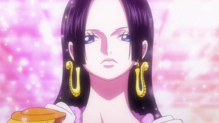 Official One Piece Episode 1087 story scene from Luffy, Hancock, Blackbeard, Rayleigh, Koby, the Seraphim, Sabo, Cobra, Vivi, Bonney, Jinbe, Chopper, Zoro, Robin, Tashigi, Helmeppo, Hibari, Prince Grus, Lilith, Shaka, Atlas, Vegapunk, the Straw Hats, Amazon Lily, Lulusia, and Egghead