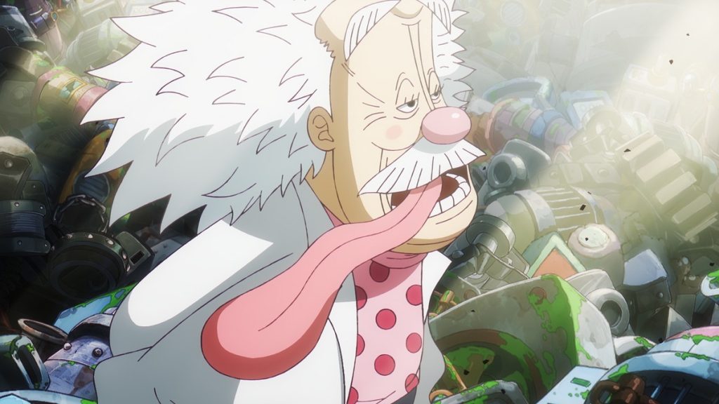 Official One Piece Episode 1098 story scene from Robin, Saul, Clover, Vegapunk, Shaka, Lilith, Pythagoras, Dragon, Kuma, Luffy, Bonney, Lucci, Kaku, Stussy, S-Bear, Atlas, Sentomaru, S-Snake, S-Hawk, S-Shark, Franky, Señor Pink, CP0, Ohara, Elbaf, Mary Geoise, and Egghead