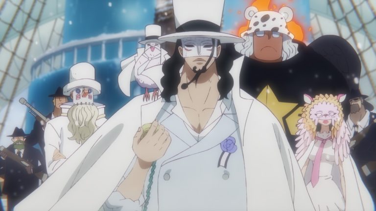 Official One Piece Episode 1099 story scene from Robin, Saul, Clover, Vegapunk, Shaka, Lilith, Pythagoras, Dragon, Kuma, Luffy, Bonney, Lucci, Kaku, Stussy, S-Bear, Atlas, Sentomaru, S-Snake, S-Hawk, S-Shark, Franky, Señor Pink, CP0, Ohara, Elbaf, Mary Geoise, and Egghead