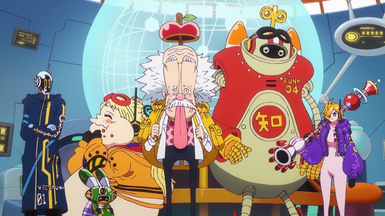 Official One Piece Episode 1102 story scene from Vegapunk, Bonney, Kuma, Stussy, Lucci, Kaku, Zoro, Sanji, Sentomaru, S-Bear, S-Snake, S-Hawk, S-Shark, Edison, Lilith, Weevil, Miss Bakkin, Marco, Kizaru, Saturn, Vivi, Wapol, Morgans, CP0, Egghead, Red Port, and Sphinx