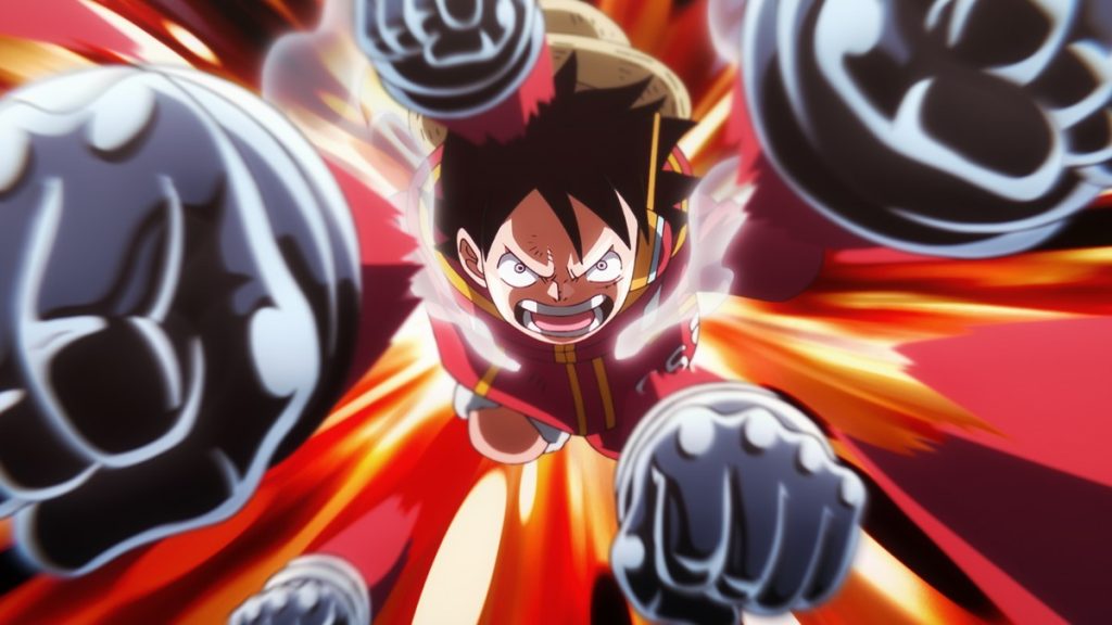 Official One Piece Episode 1111 story scene from Bonney, Kuma, Vegapunk, Shaka, York, Pythagoras, Lilith, Luffy, Zoro, Nami, Sanji, Usopp, Franky, Robin, Chopper, Lucci, Kaku, Stussy, Sentomaru, S-Snake, S-Shark, S-Hawk, S-Bear, Shanks, Kid, Dorry, Brogy, Kizaru, Saturn, CP0, Cipher Pol, Ohara, Elbaf, and Egghead