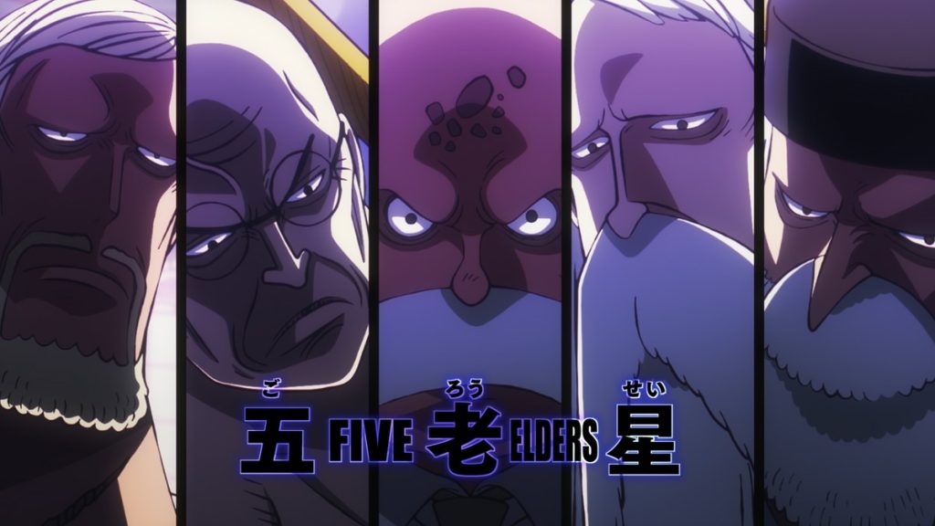 Official One Piece Episode 1120 story scene from Sabo, Dragon, Ivankov, Karasu, Lindbergh, Morley, Kuma, Bonney, Cobra, Vivi, Wapol, Imu, the Five Elders, Sai, Leo, Shirahoshi, Mjosgard, Garling, Garp, Koby, Kuzan, Shiryu, Pizarro, Helmeppo, Prince Grus, Revolutionary Army, Holy Knights, Mary Geoise, Lulusia, Hachinosu, and Egghead