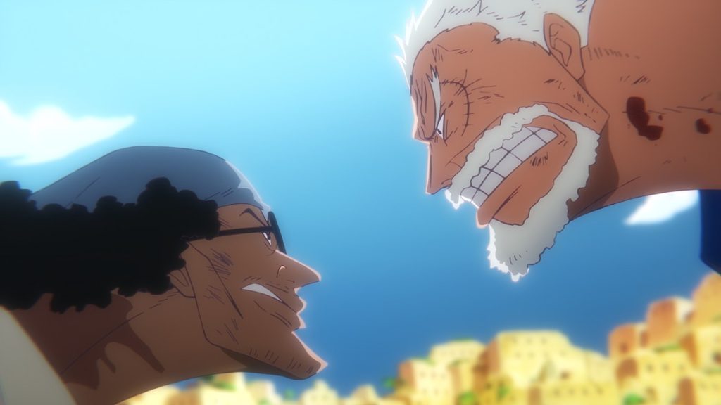 Official One Piece Episode 1121 story scene from Sabo, Dragon, Ivankov, Karasu, Lindbergh, Morley, Kuma, Bonney, Cobra, Vivi, Wapol, Imu, the Five Elders, Sai, Leo, Shirahoshi, Mjosgard, Garling, Garp, Koby, Kuzan, Shiryu, Pizarro, Helmeppo, Prince Grus, Revolutionary Army, Holy Knights, Mary Geoise, Lulusia, Hachinosu, and Egghead